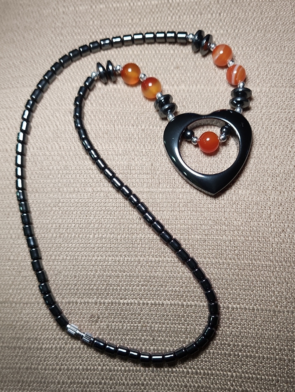 Vintage Hematite Beaded Necklace with Orange  Moonglow Beads & Heart Pendant